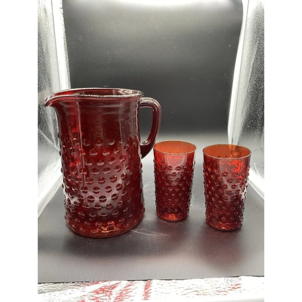 Vintage Ruby Red Hobnail Glass Pitcher and‎ 2 Tumbler Set Mid Century